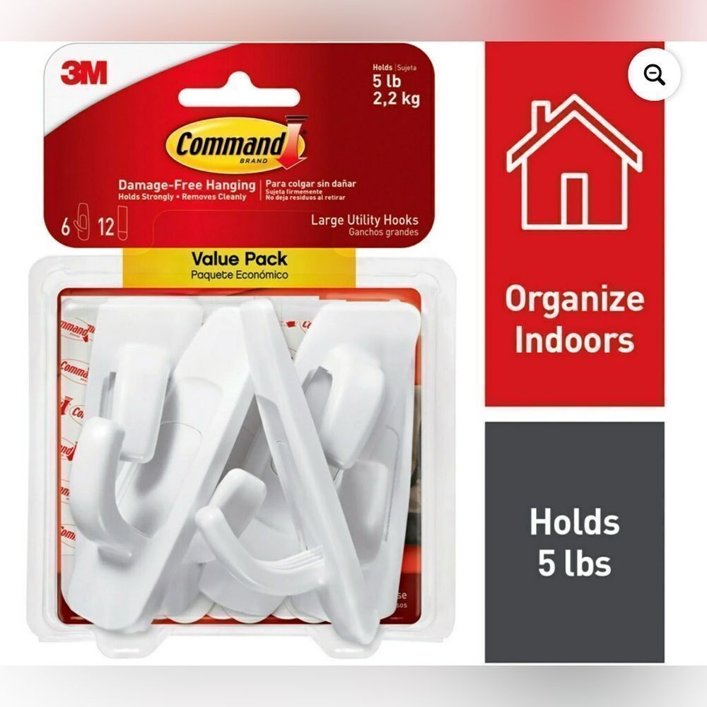 New! Command Large Utility Hooks 6 Hooks & 12 Command Strips Holds 5 lbs NIB